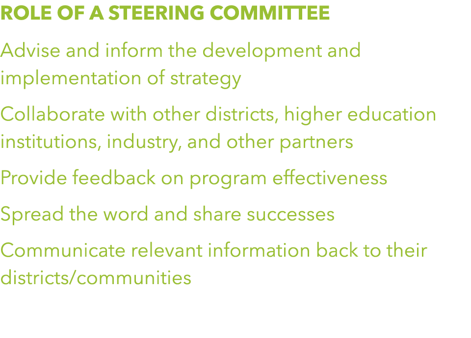 Role of a steering committee Advise and inform the development and implementation of strategy Collaborate with other    