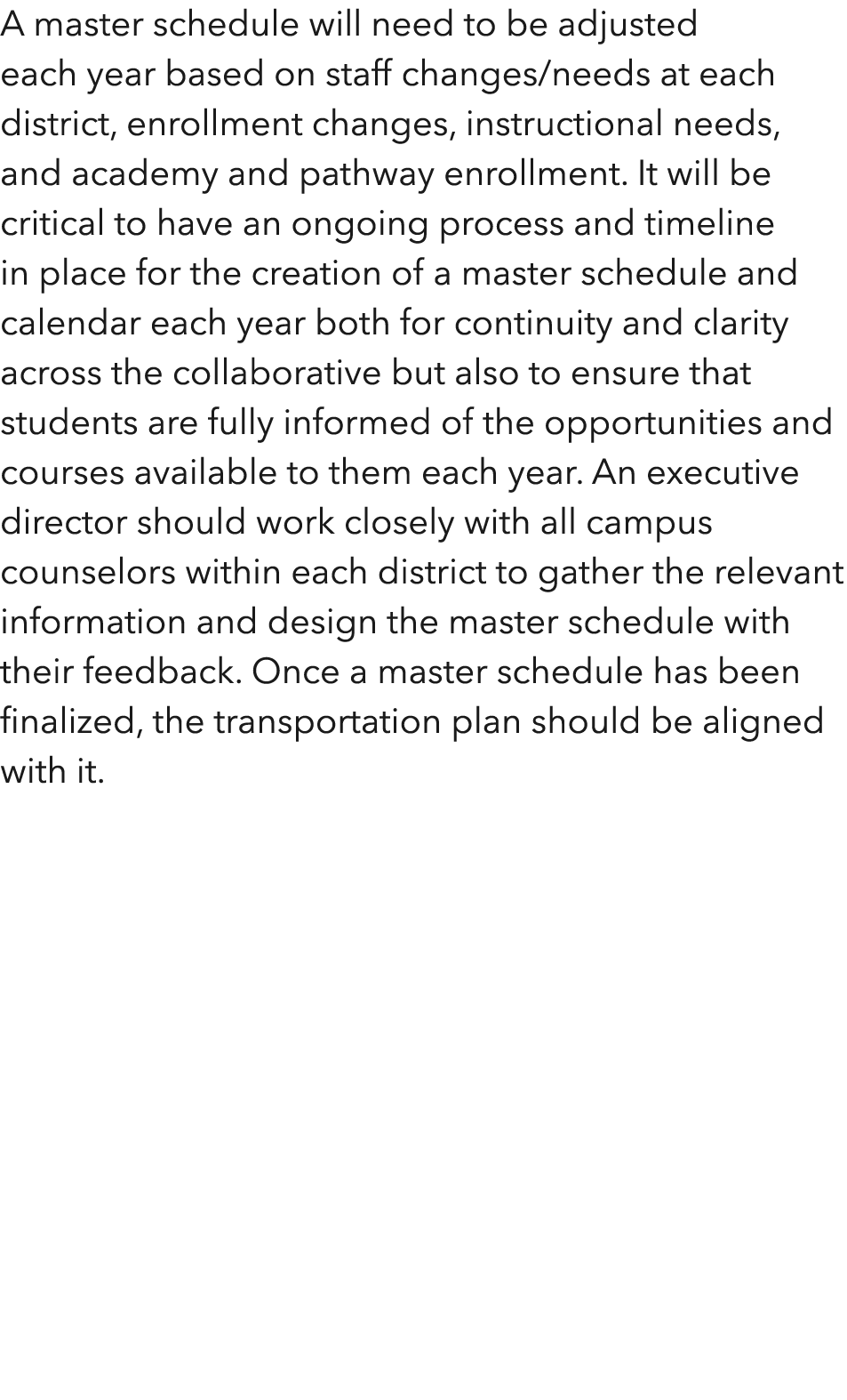 A master schedule will need to be adjusted each year based on staff changes needs at each district, enrollment change   