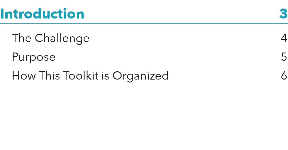 Introduction 3 The Challenge 4 Purpose 5 How This Toolkit is Organized 6