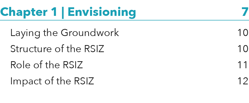 Chapter 1   Envisioning 7 Laying the Groundwork 10 Structure of the RSIZ 10 Role of the RSIZ 11 Impact of the RSIZ 12