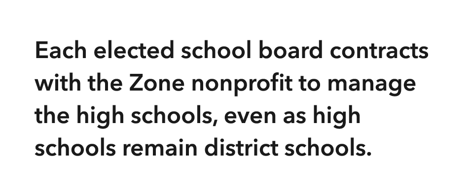 Each elected school board contracts with the Zone nonprofit to manage the high schools, even as high schools remain d   