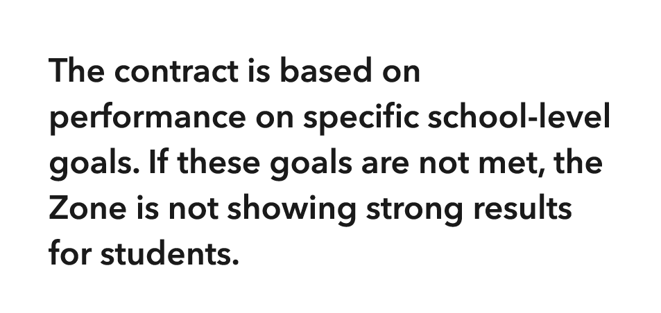 The contract is based on performance on specific school-level goals  If these goals are not met, the Zone is not show   