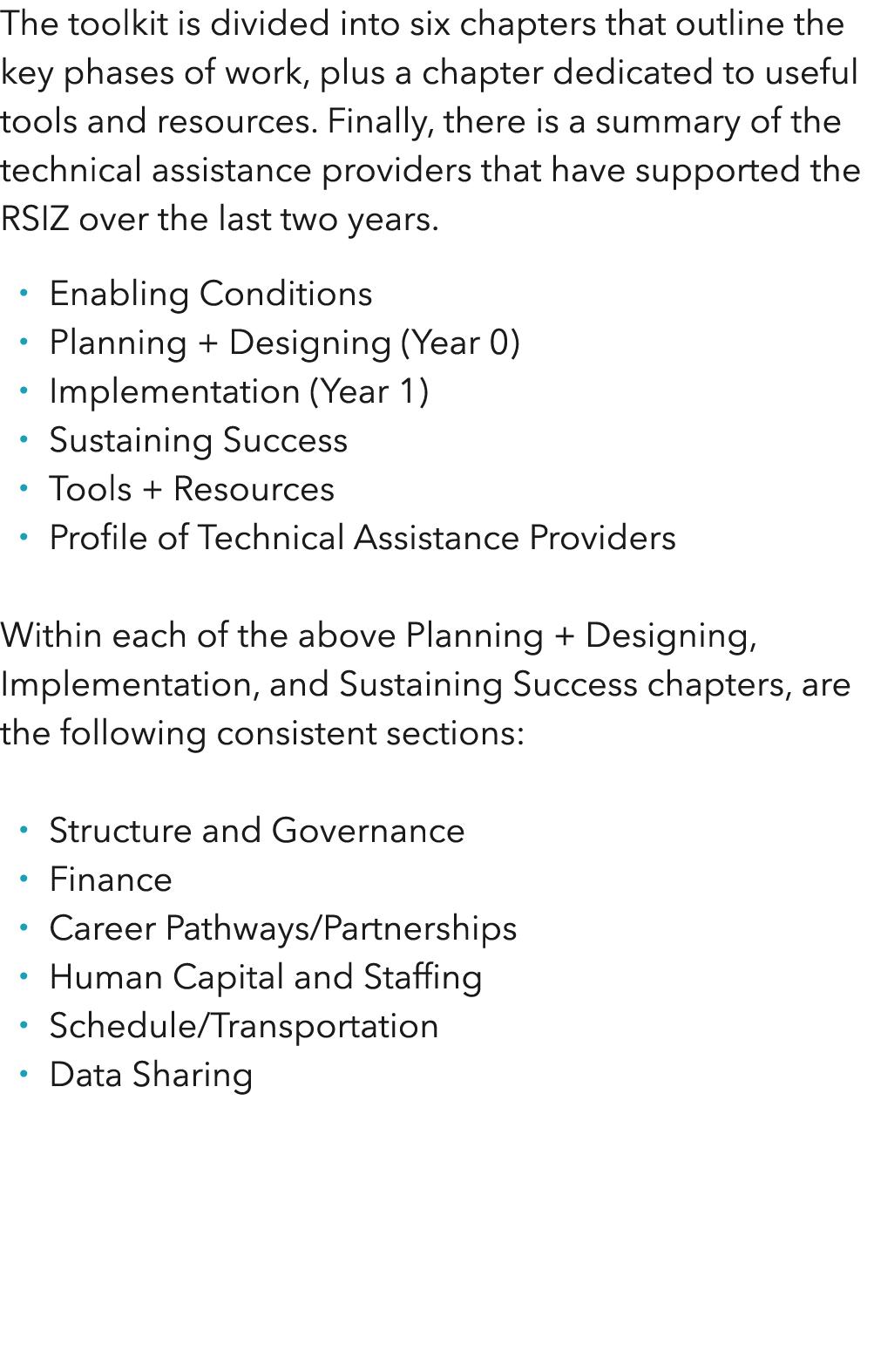The toolkit is divided into six chapters that outline the key phases of work, plus a chapter dedicated to useful tool   