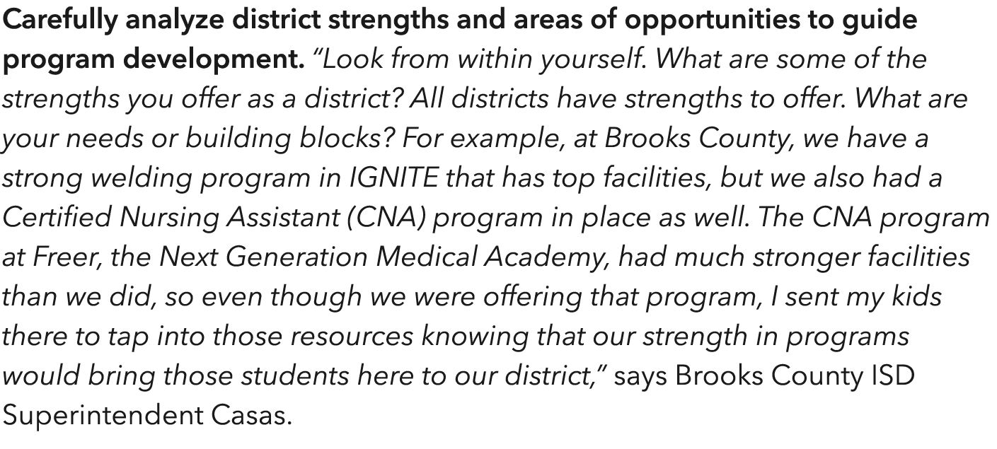 Carefully analyze district strengths and areas of opportunities to guide program development   Look from within yours   